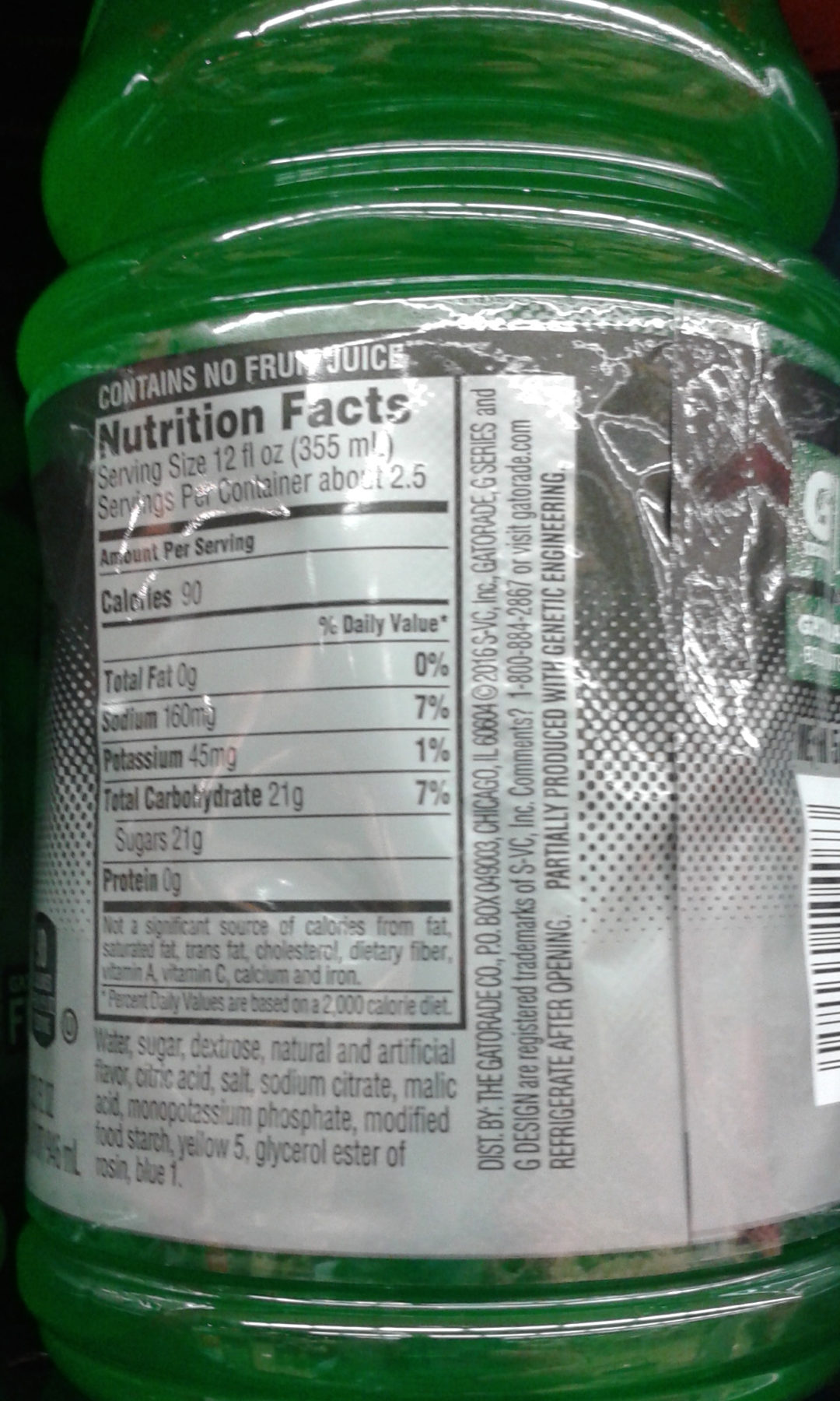 Gatorade bottle nutrition facts and ingredients list.
