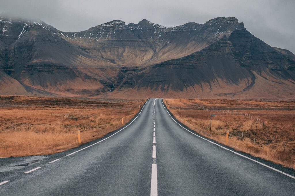 Road leading into mountains.