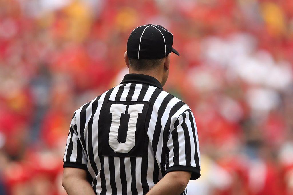 Umpire with back turned to camera with crowd in background.