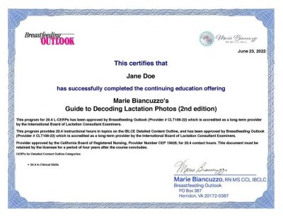 Guide to Decoding Lactation Photos, 2nd Edition Sample Certificate
